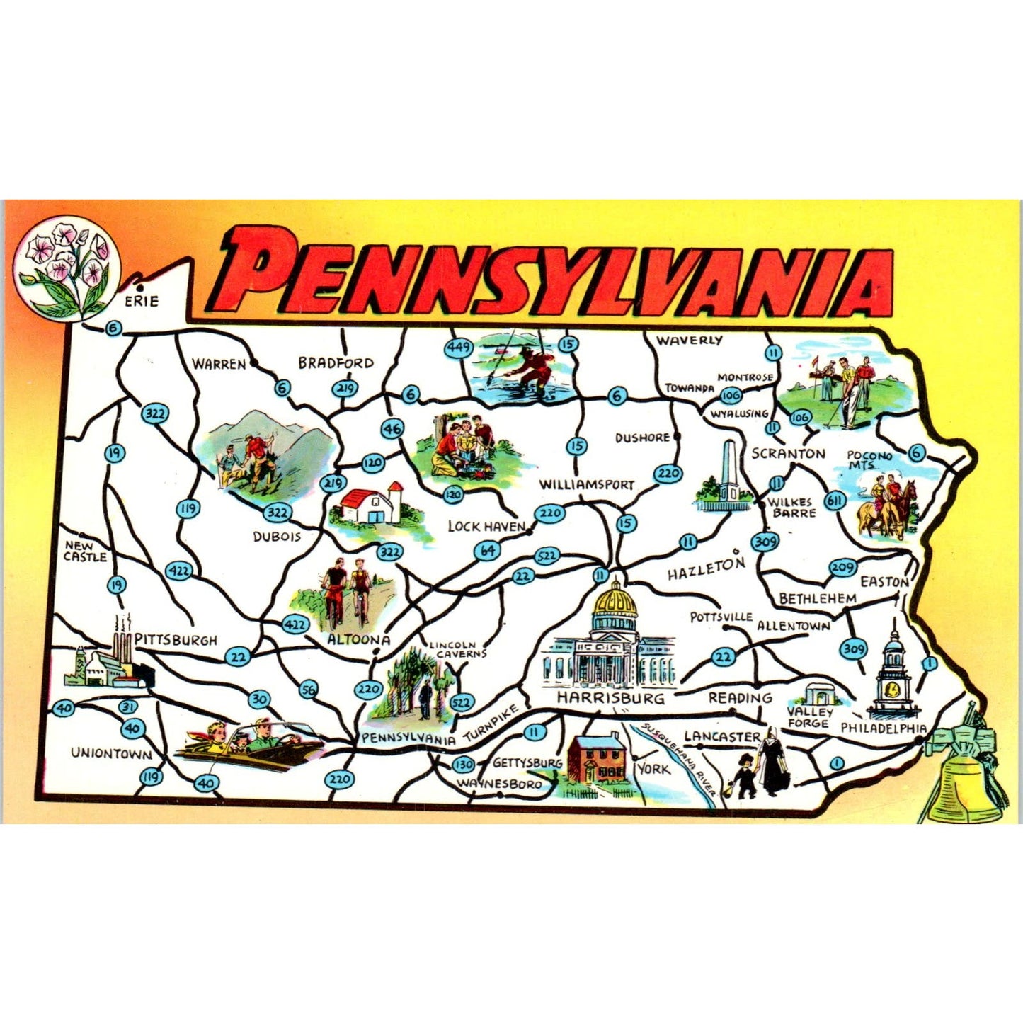 Pennsylvania State Illustrated Map Vintage Postcard PD5