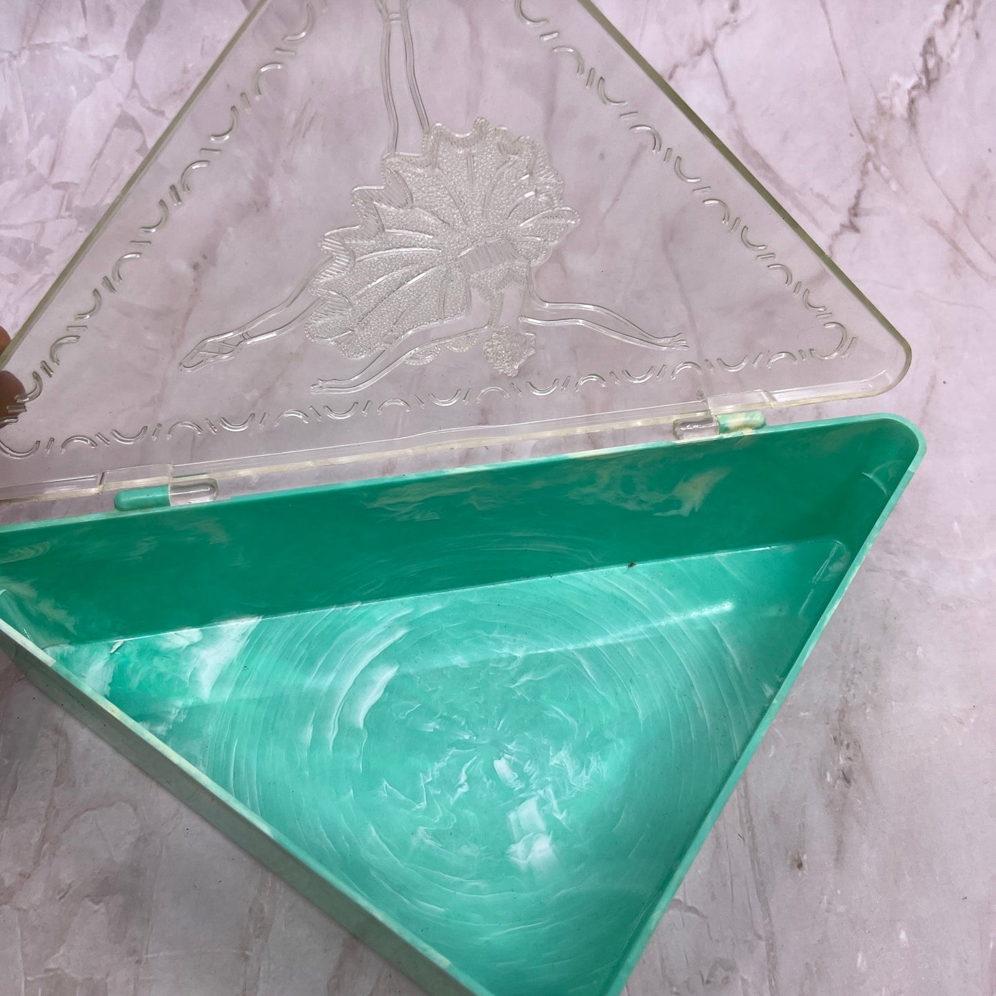 Vintage Hommer Triangular Plastic Hankie Vanity Box Ballerina Teal Celluloid TG8