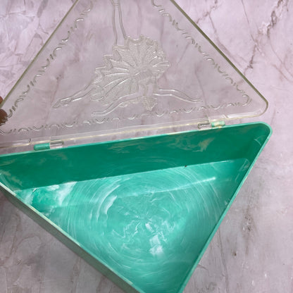 Vintage Hommer Triangular Plastic Hankie Vanity Box Ballerina Teal Celluloid TG8