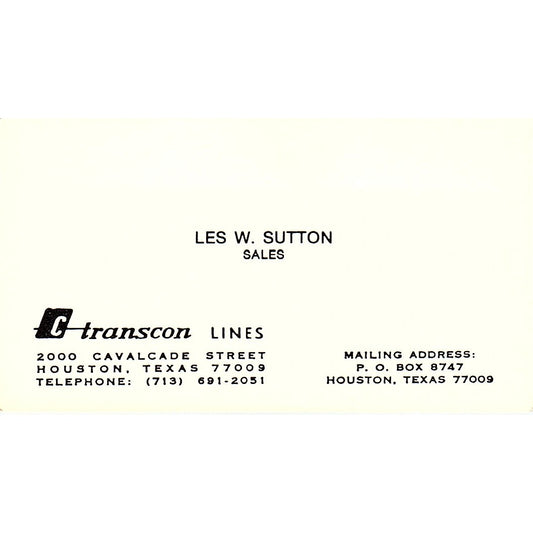 Transcon Lines Les W Sutton  Houston TX Vintage Business Card SB4-B5