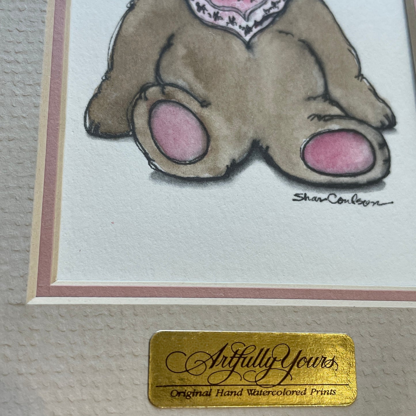 Teddy Bear Pink Accents 5x7 Matted Print Hand Watercolor, Signed Shar Coulson
