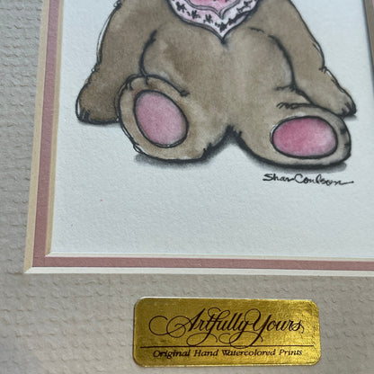 Teddy Bear Pink Accents 5x7 Matted Print Hand Watercolor, Signed Shar Coulson