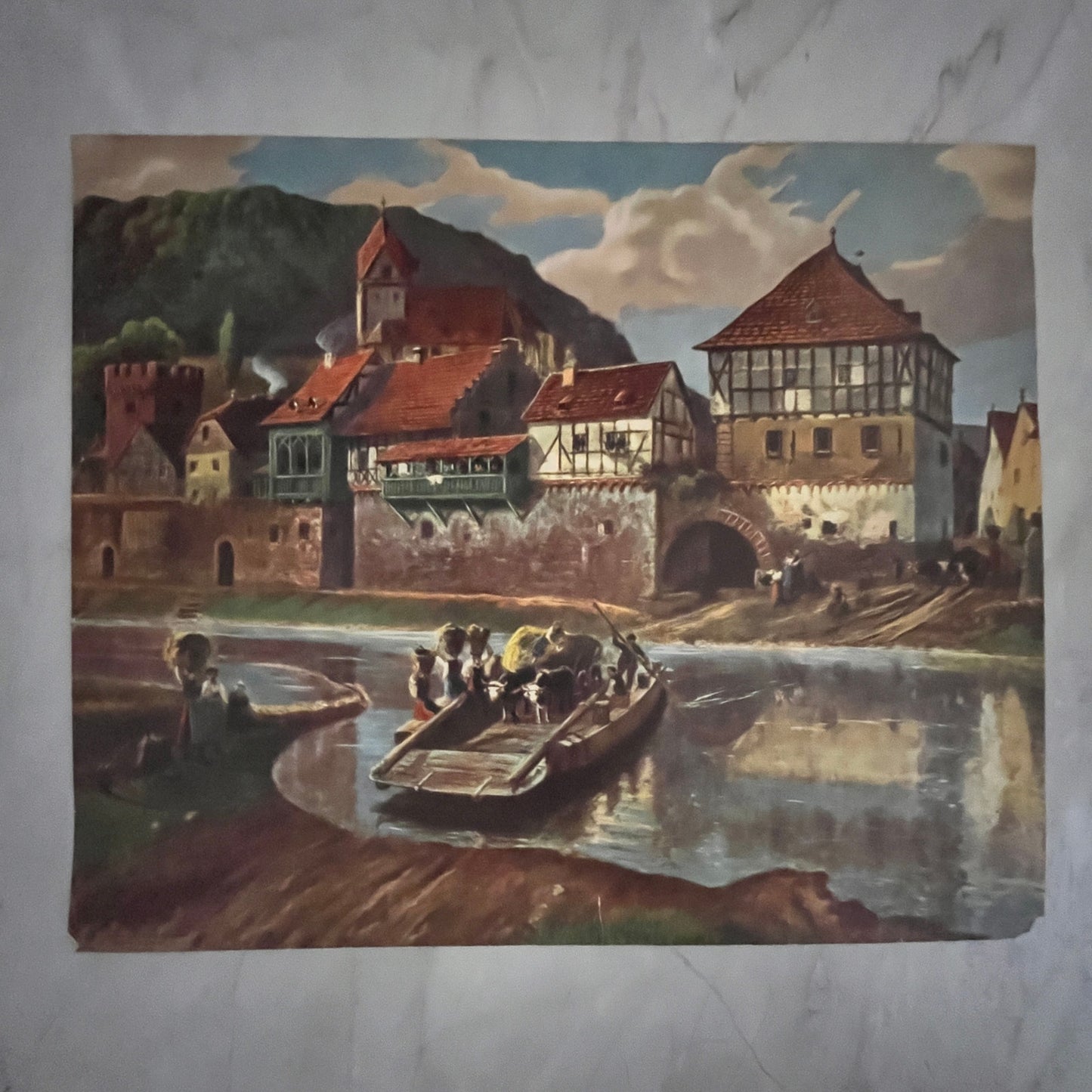 Old houses by a river with fishing boats 12x14" Art Print FL1