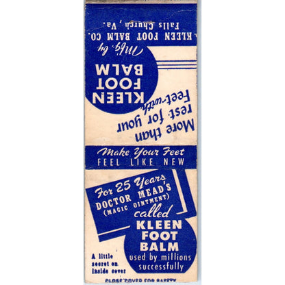 Kleen Foot Balm Co Falls Church VA Vintage Matchbook Cover SD4-Y7