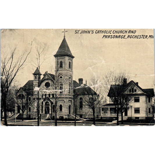 St. John's Catholic Church and Parsonage Rochester MN Vintage Postcard PD10