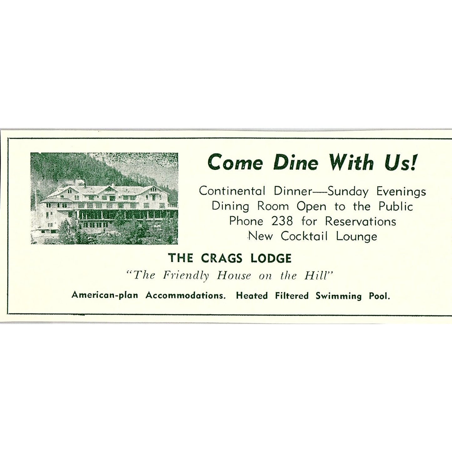 The Crags Lodge - The Friendly House on the Hill 1957 Estes Park CO Ad AG4-M1