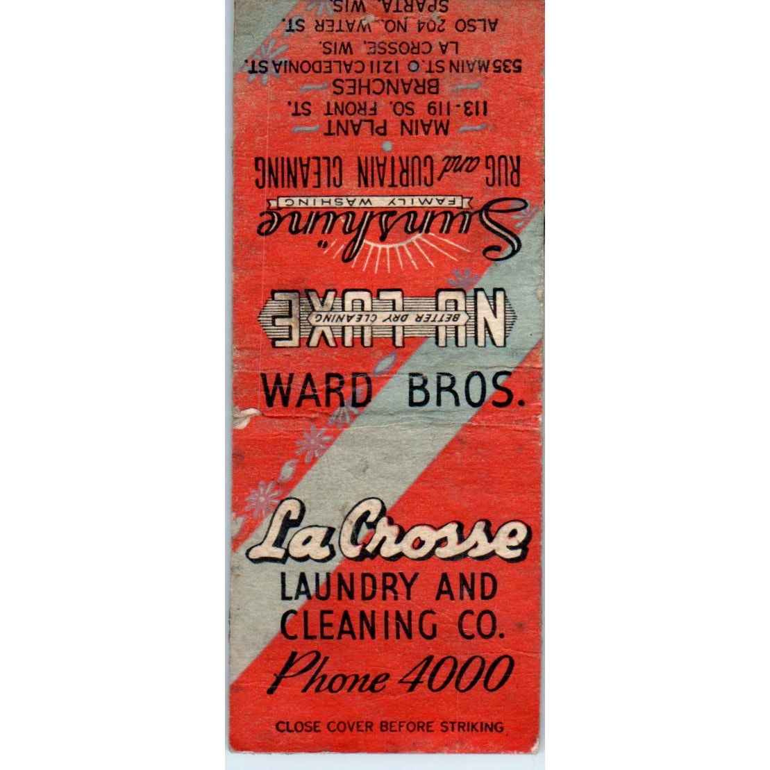 Sunshine Rug & Curtain Cleaning Ward Bros. La Crosse WI Matchbook Cover SD2-Y15