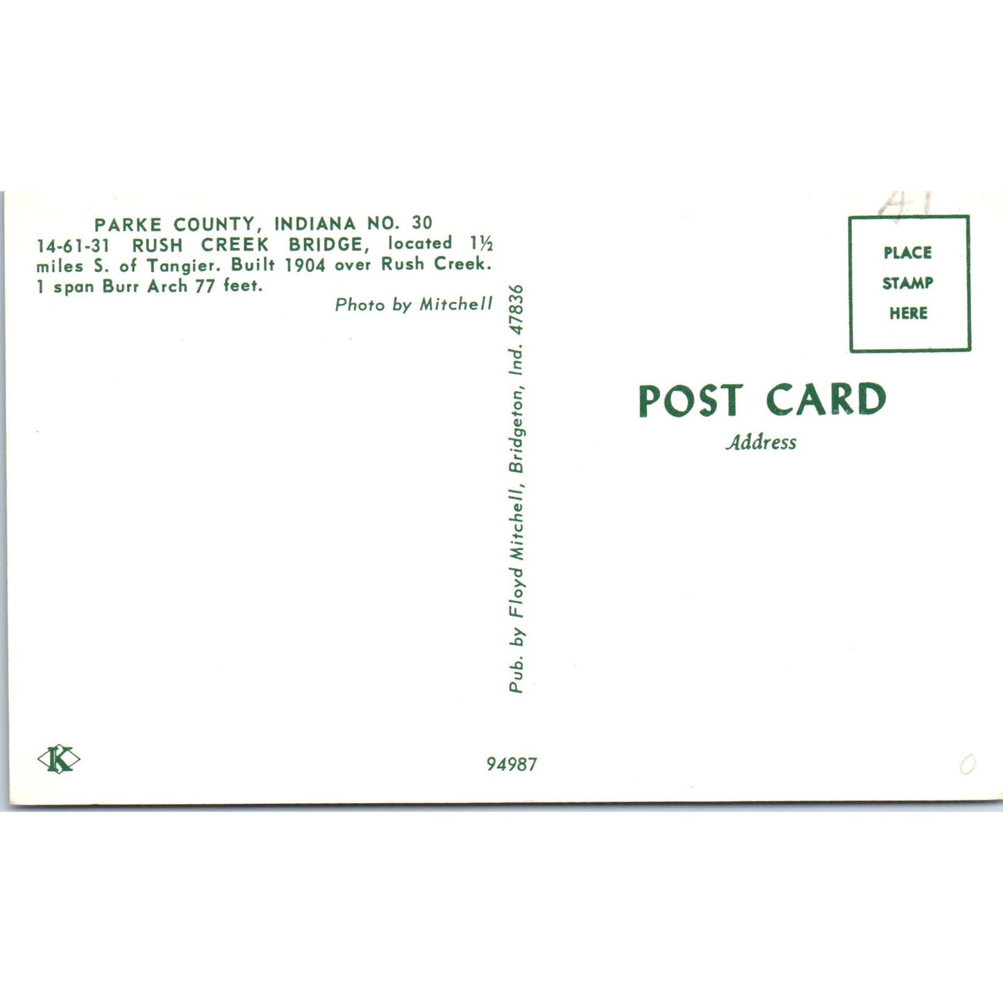 Parke County Indiana #30 Rush Creek Covered Bridge Postcard PB13