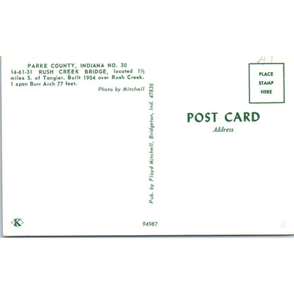 Parke County Indiana #30 Rush Creek Covered Bridge Postcard PB13
