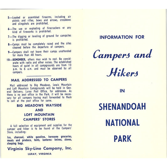 Information for Campers in Shenandoah National Park 1960s Brochure TH2-TB3