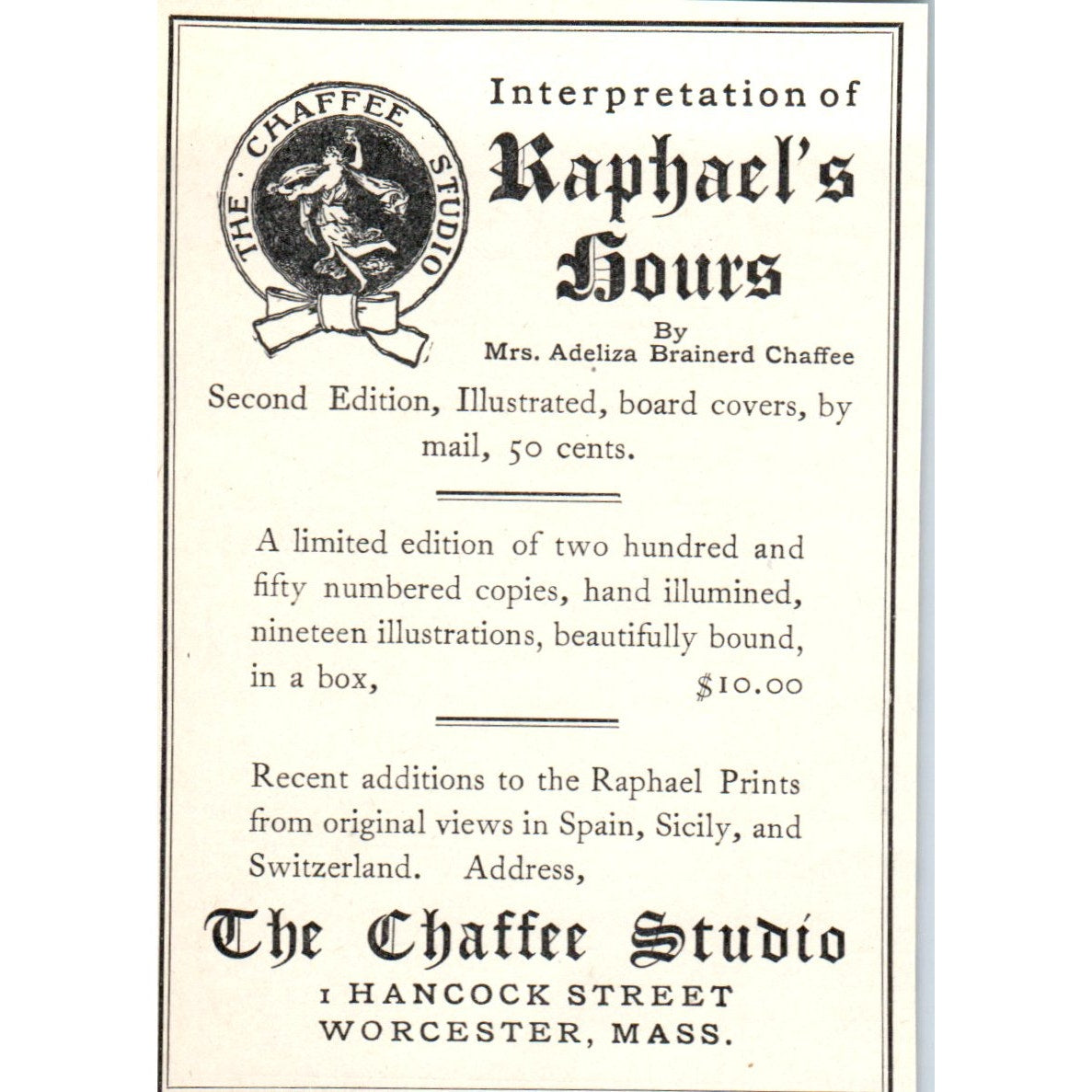 The Chaffee Studio Raphael's Hours Adeliza Brainerd Chaffee 1906 Ad AB8-MA1
