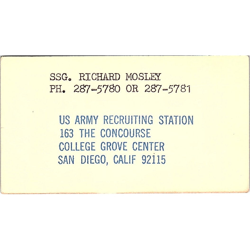 SSG Richard Mosley US Army Recruiting Station San Diego CA Business Card SD9-B10