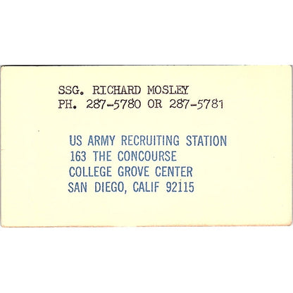 SSG Richard Mosley US Army Recruiting Station San Diego CA Business Card SD9-B10