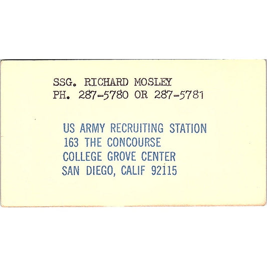 SSG Richard Mosley US Army Recruiting Station San Diego CA Business Card SD9-B10