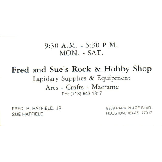 Fred & Sue's Rock Shop Fred R. Hatfield Jr Houston Vintage Business Card SD8-B6