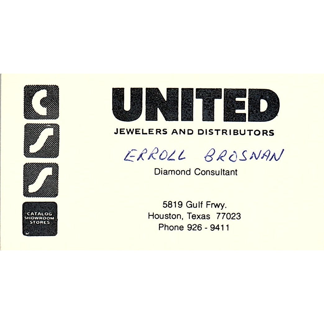 United Jewelers & Distributors Erroll Brosnan Houston TX Business Card SF3-B9