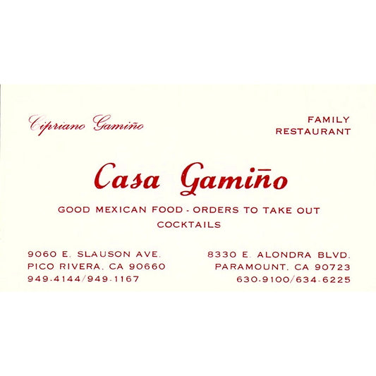 Cipriano Gamino Casa Gamino Mexican Food Pico Rivera CA Business Card SD9-B10