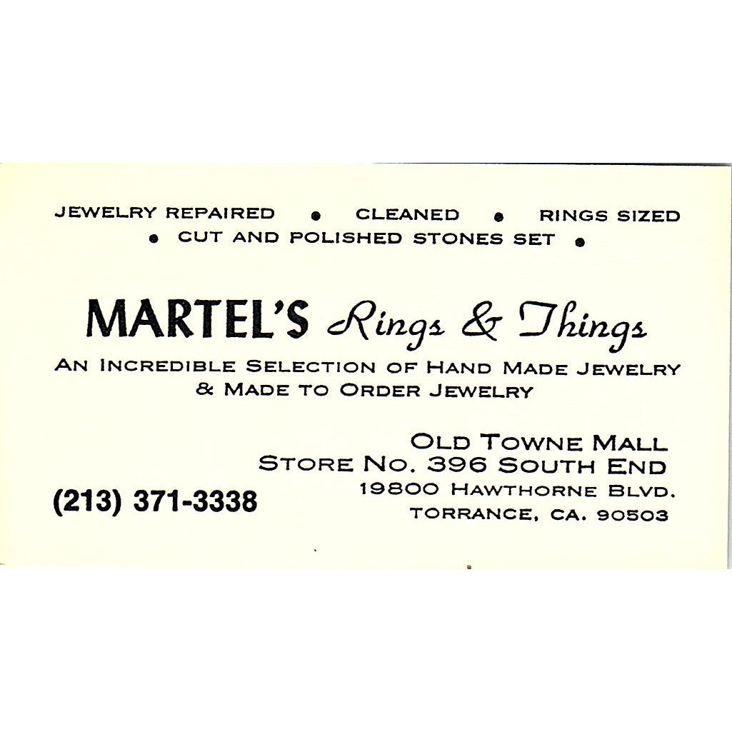 Martel's Rings & Things Old Towne Mall Torrance CA  Vintage Business Card SF3-B9