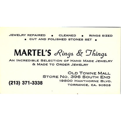 Martel's Rings & Things Old Towne Mall Torrance CA  Vintage Business Card SF3-B9