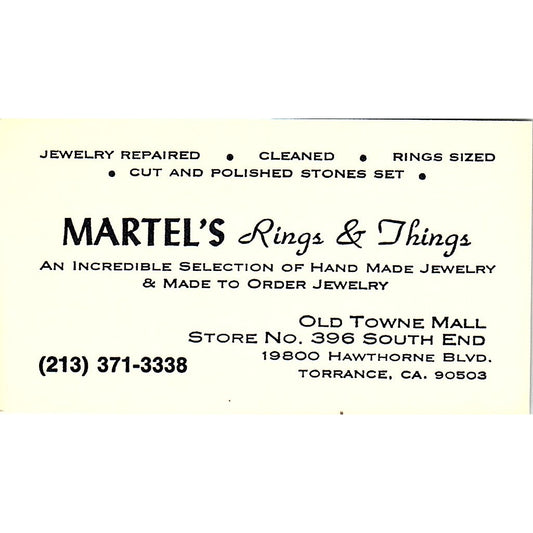 Martel's Rings & Things Old Towne Mall Torrance CA  Vintage Business Card SF3-B9