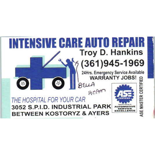 Troy D Hankins Intensive Auto Repair Corpus Christi Vintage Business Card SD8-B2