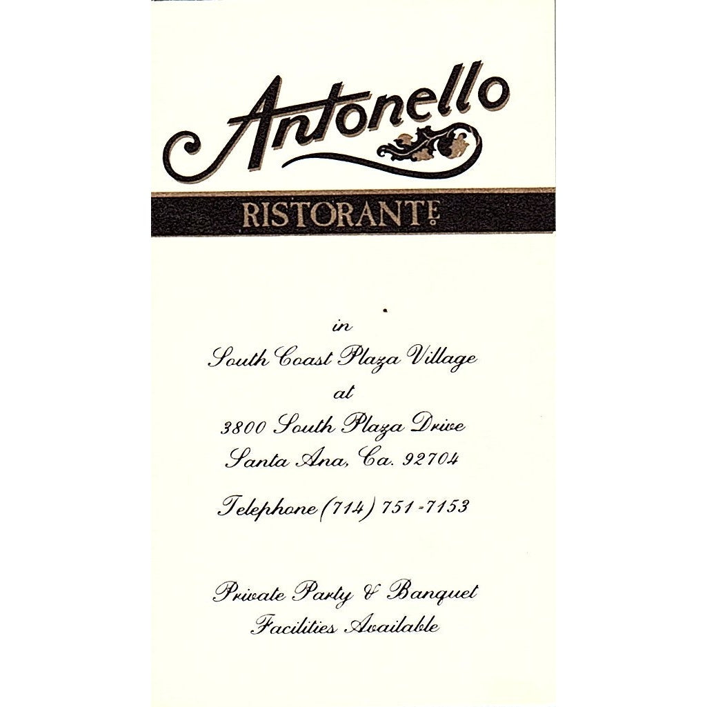 Antonello Ristorante Private Party & Banquet Santa Ana CA Card SSB4-B13