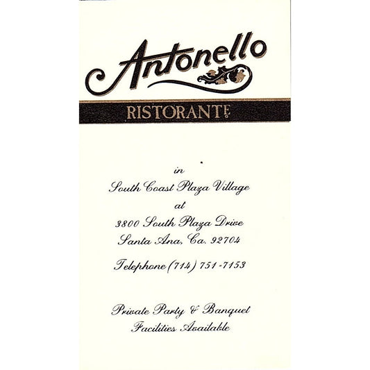 Antonello Ristorante Private Party & Banquet Santa Ana CA Card SSB4-B13