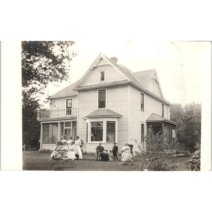 Family Ladies in White Gowns and Dog in Front of House c1910 RPPC Postcard AB9