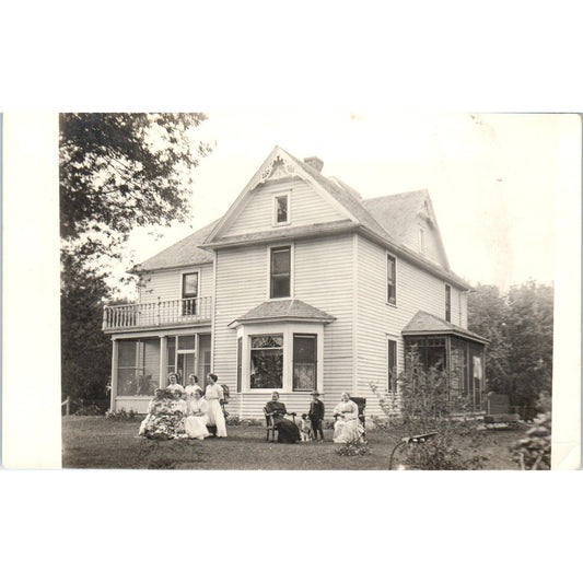 Family Ladies in White Gowns and Dog in Front of House c1910 RPPC Postcard AB9