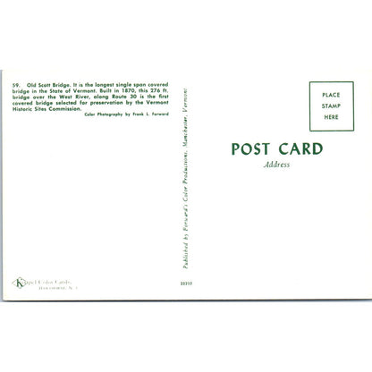 Old Scott Bridge West River Vermont Covered Bridge Postcard PC7