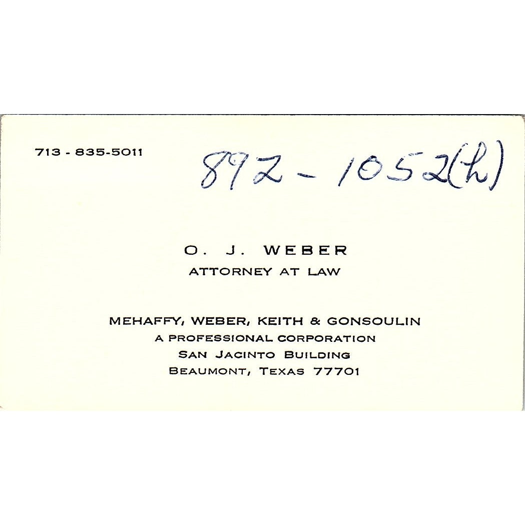 OJ Weber Attorney Beaumont TX Vintage Business Card SE3-B12