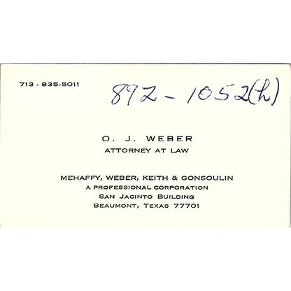 OJ Weber Attorney Beaumont TX Vintage Business Card SE3-B12