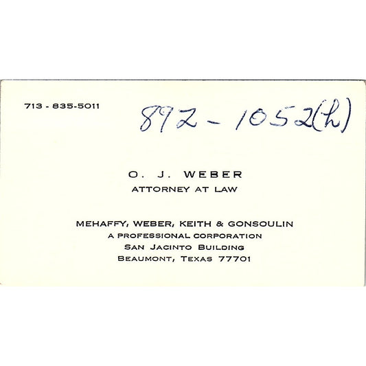OJ Weber Attorney Beaumont TX Vintage Business Card SE3-B12