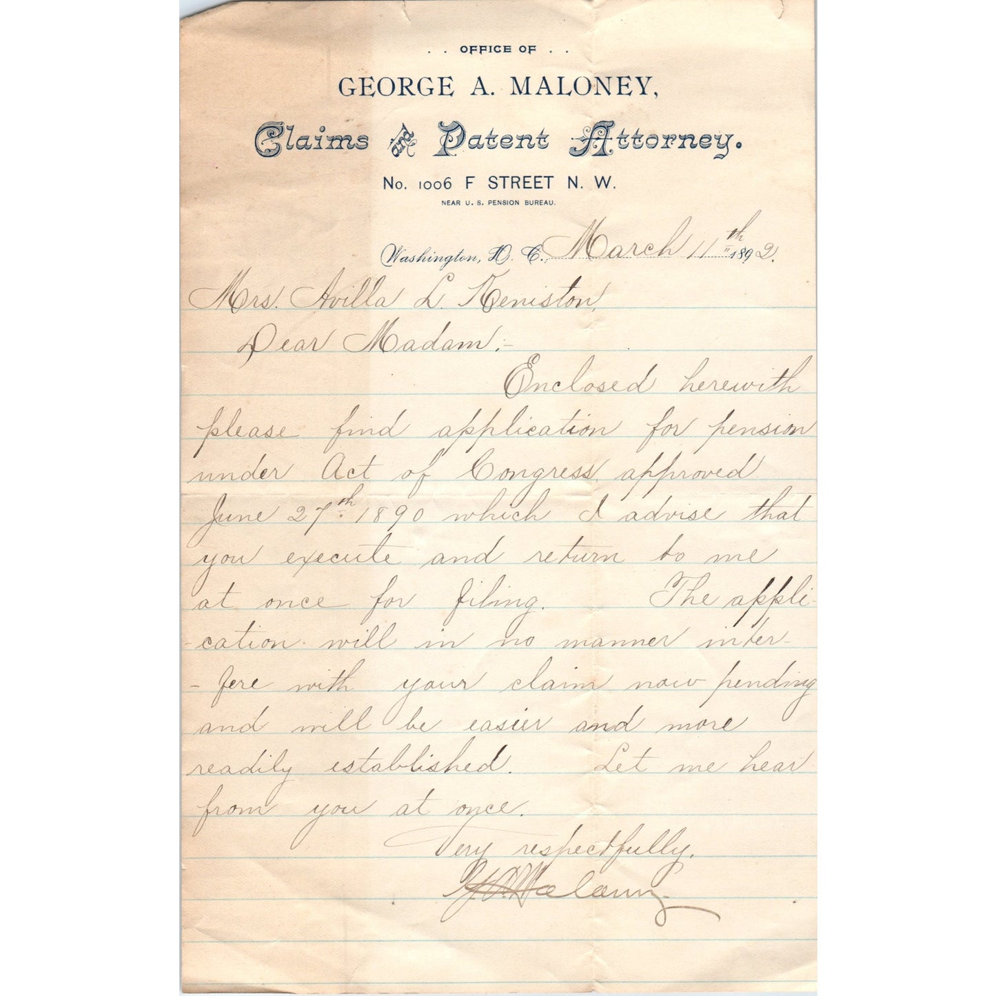 1892 George A. Maloney Attorney Washington DC Letterhead Memo D23