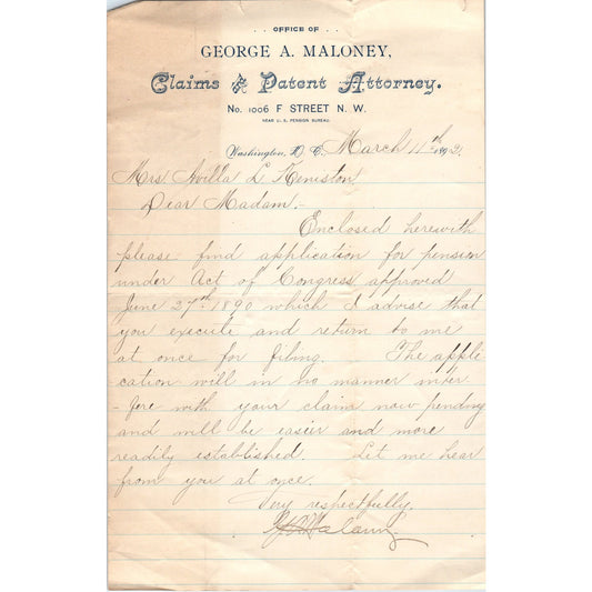 1892 George A. Maloney Attorney Washington DC Letterhead Memo D23