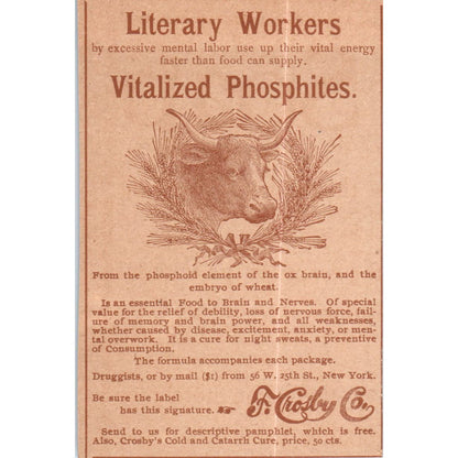 F. Crosby Co Vitalized Phosphites Consumption c1890 Victorian Ad AE8-CH7