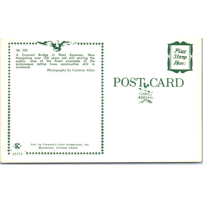 West Swanzey New Hampshire Vintage Covered Bridge Postcard PC15