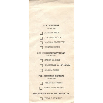 1937 Virginia Election Ballot Governor James H. Price J. Powell Royall AF1-RR6