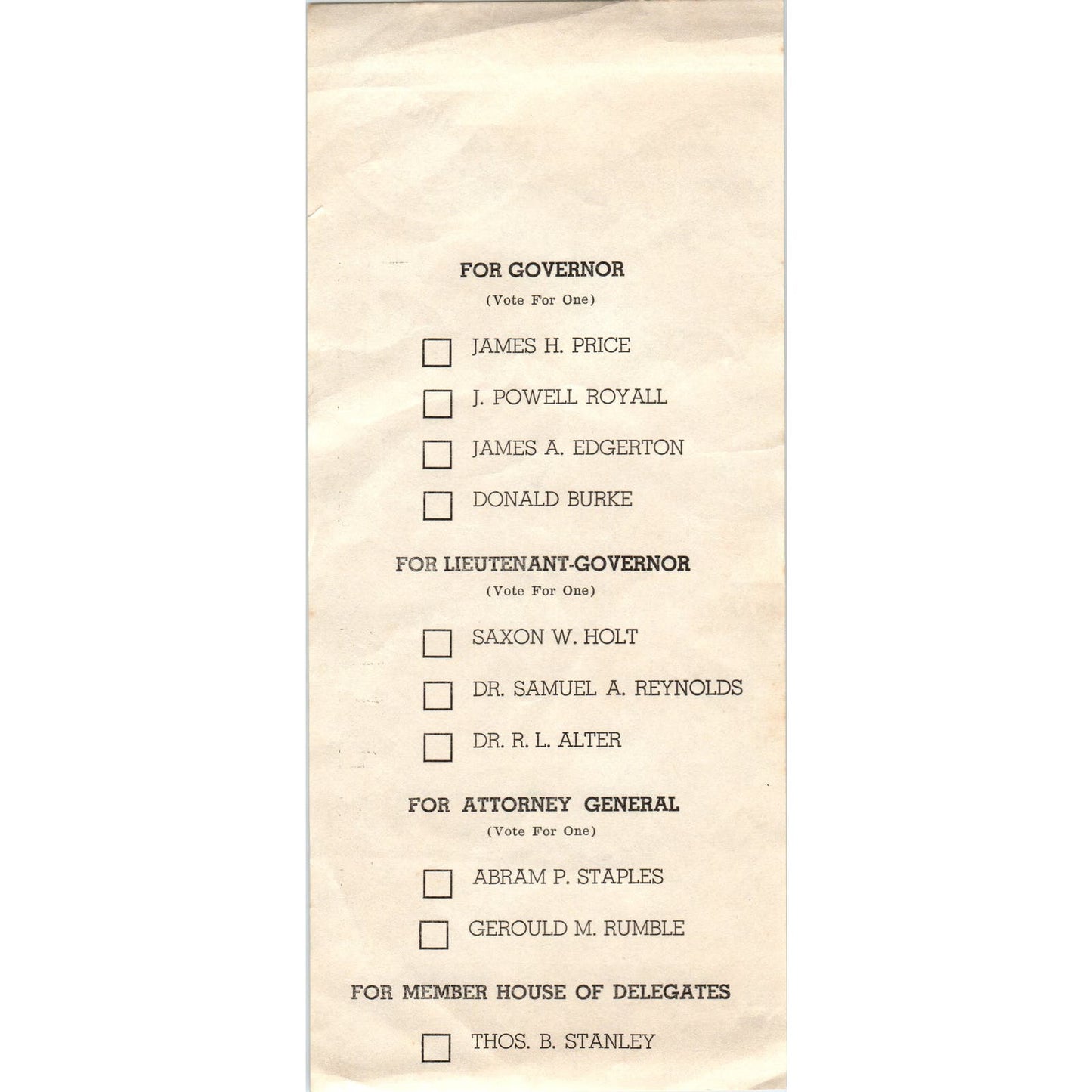 1937 Virginia Election Ballot Governor James H. Price J. Powell Royall AF1-RR6