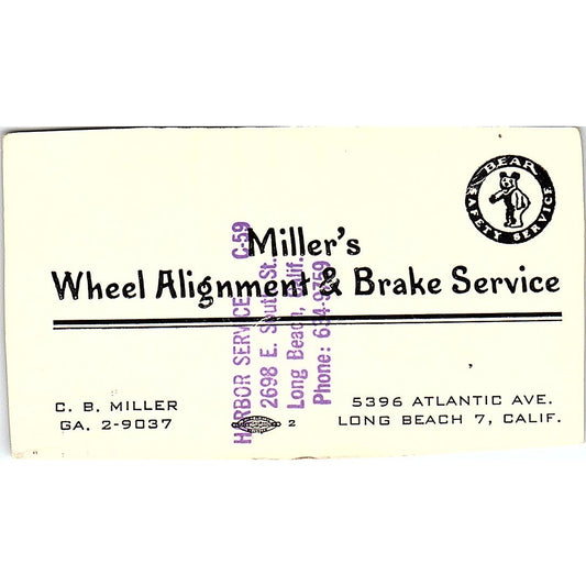 C.B. Miller Wheel Alignment & Brake Service Long Beach CA Business Card SE3-B13