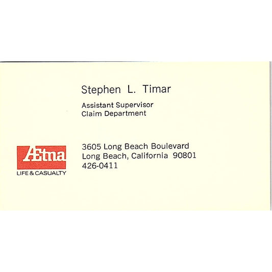 Stephen L Timar Long Beach CA Aetna Ins Co Vintage Business Card SE3-B15