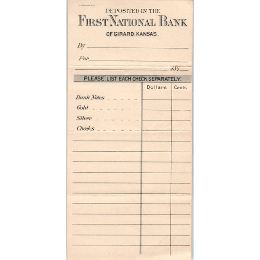 1890s First National Bank of Girard Kansas Blank Deposit Slip AD8-R1