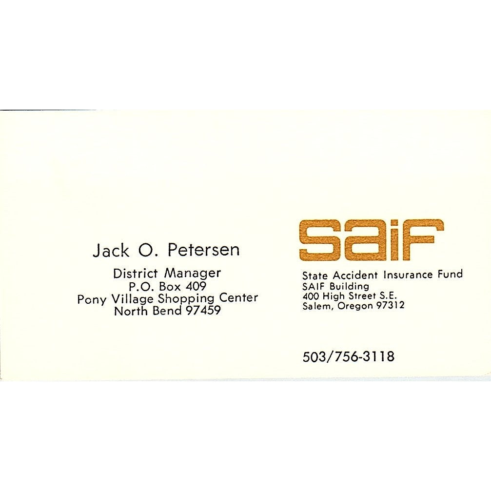 Jack O. Petersen SAIF Salem OR Vintage Business Card SD9-B8