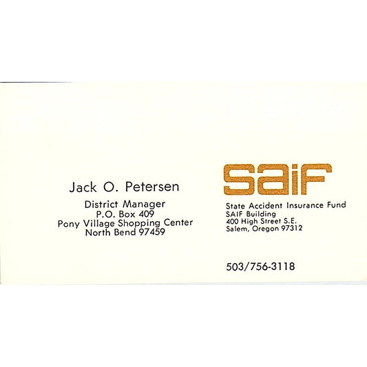 Jack O. Petersen SAIF Salem OR Vintage Business Card SD9-B8