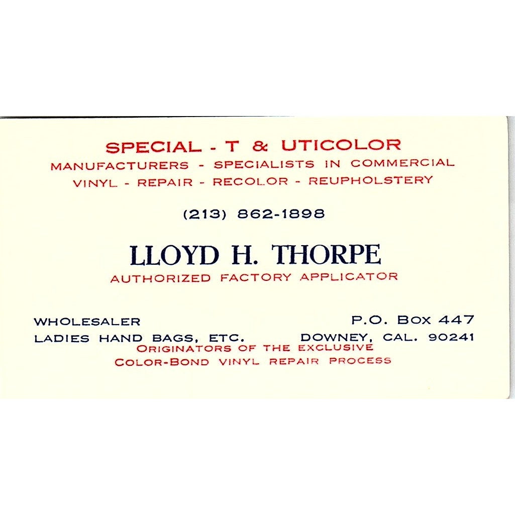 Lloyd H. Thorpe Factory Applicator Ladies Hand Bags Downey Business Card SB4-B8