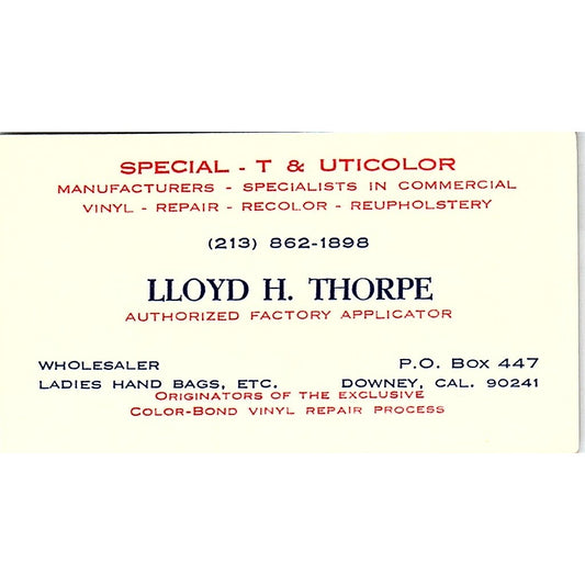 Lloyd H. Thorpe Factory Applicator Ladies Hand Bags Downey Business Card SB4-B8