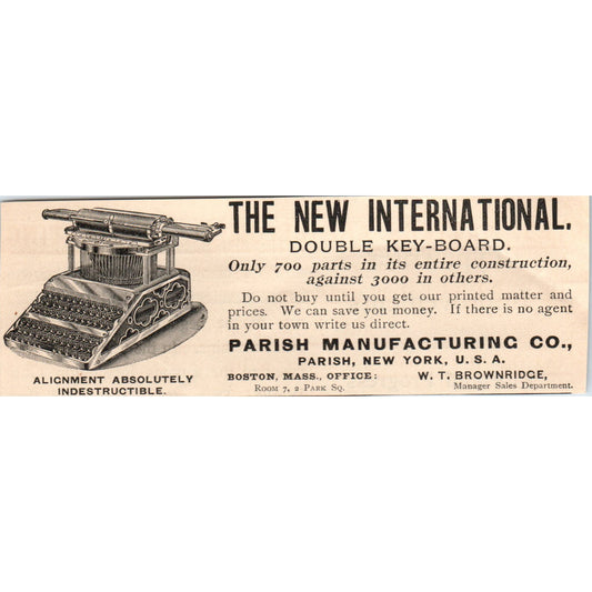 International Double Key-Board Typewriter Parish Mfg Co 1892 Magazine Ad AB6-SM1