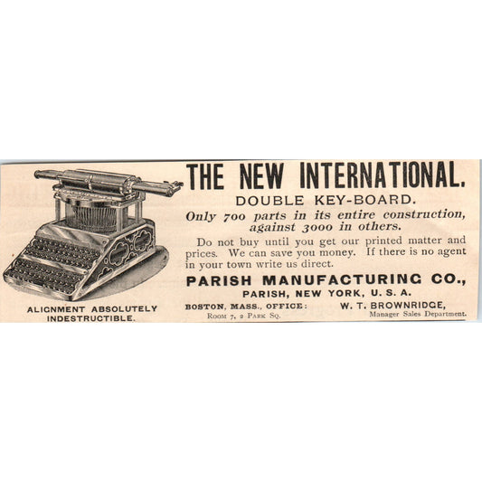 International Double Key-Board Typewriter Parish Mfg Co 1892 Magazine Ad AK6-H1