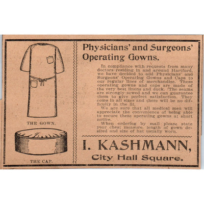 I. Cashman Physicians Surgeons Operating Gowns Hartford 1901 Newspaper Ad AD8-H2