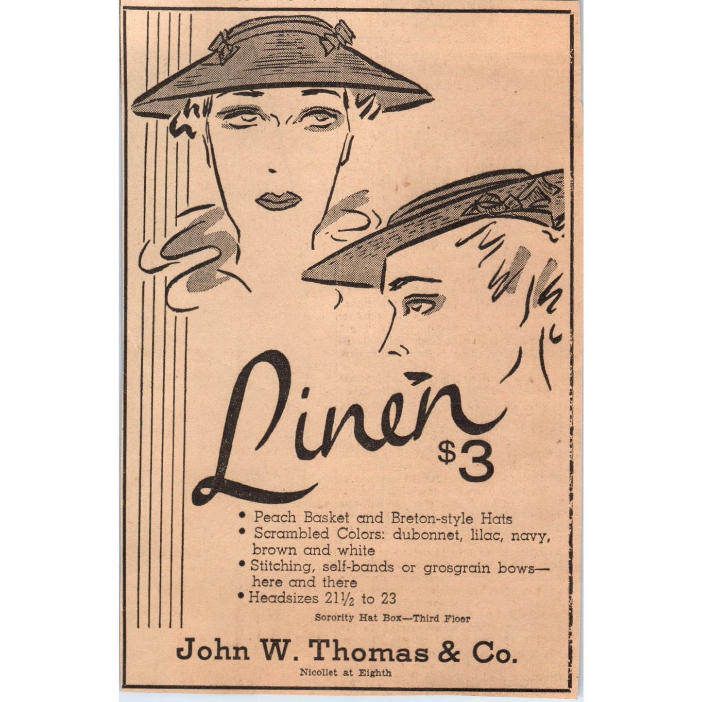 John W. Thomas Breton-style Hats 4x7" 1935 Minneapolis Journal Advert AE7-N1
